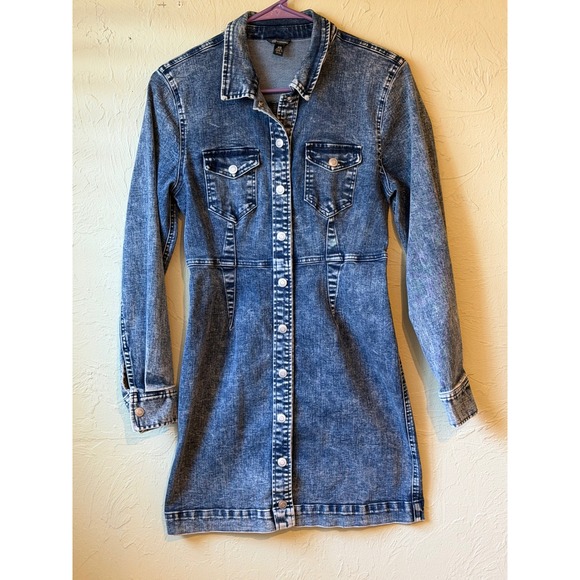 Versona Acid Wash Denim Mini Dress Blue Button Down Long Sleeve XS - Picture 1 of 6